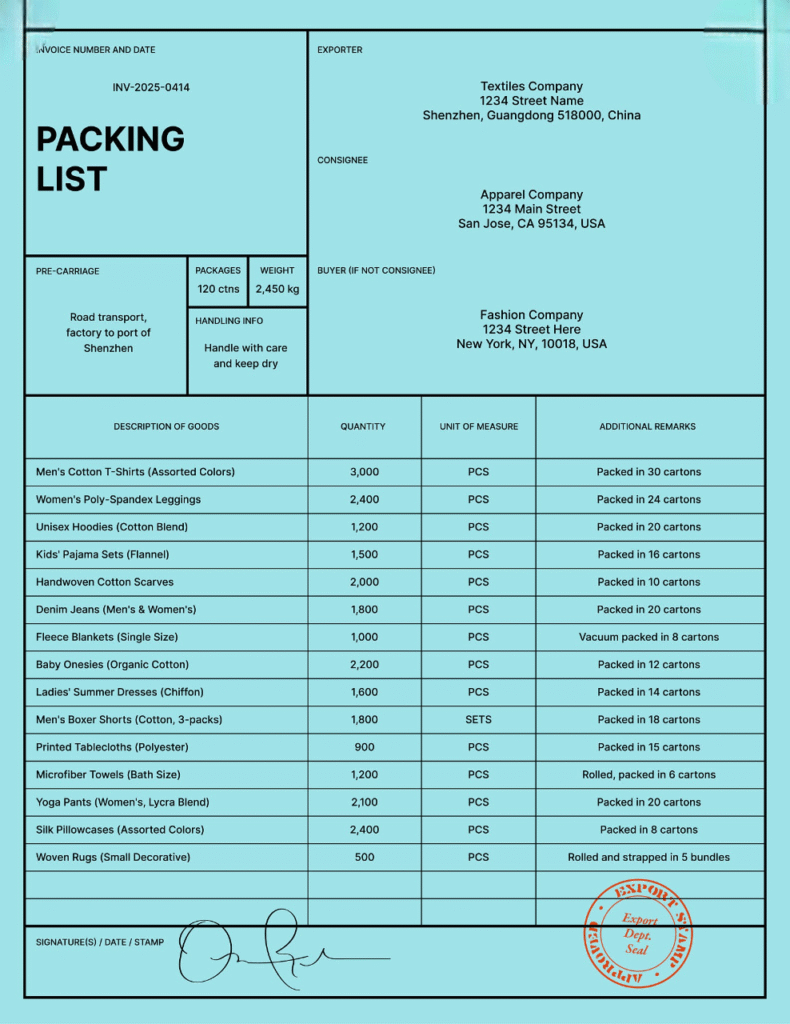 Export Packing List Format