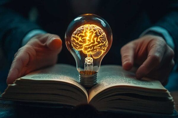 Glowing brain-shaped light bulb balanced on an open book, held by hands, symbolizing ideas and learning.