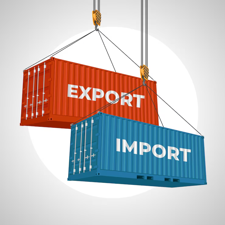 Two shipping containers labeled EXPORT (red) and IMPORT (blue) are lifted by cranes.