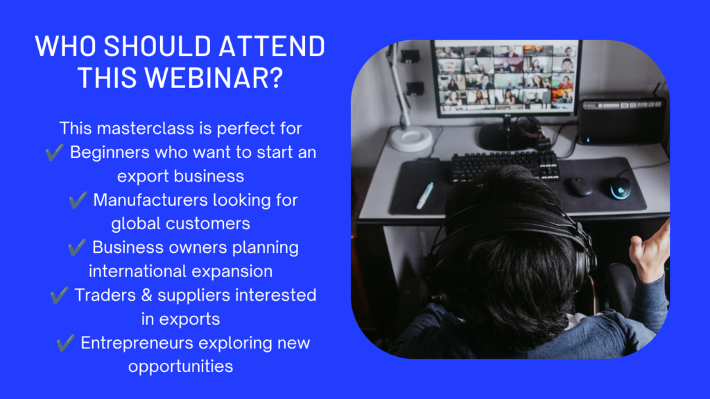 Blue webinar hero with the title 'Who should attend this webinar?' and a checklist of target audiences on the left; right shows a person wearing a headset at a computer during a video call.