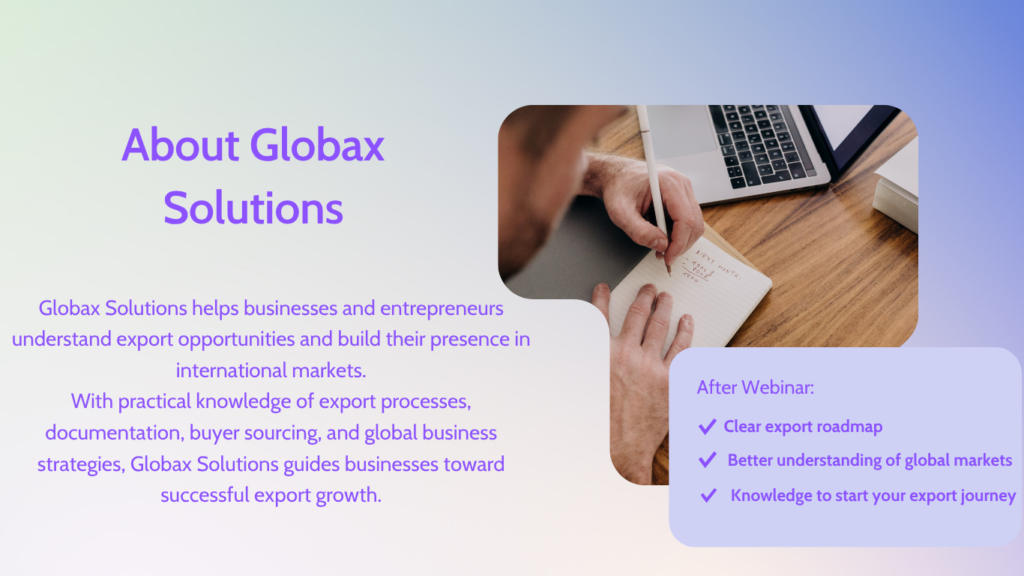 Hero section for Globax Solutions with a gradient background, left-aligned purple heading and paragraph, and a rounded photo of hands writing at a desk on the right.